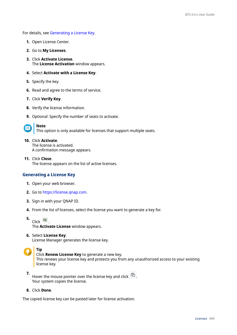 Generating a license key | QNAP TVS-472XT 4-Bay NAS Enclosure User Manual | Page 450 / 468