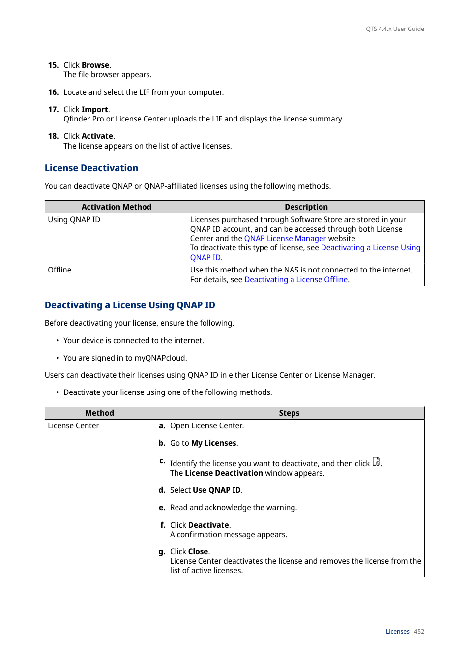 License deactivation, Deactivating a license using qnap id | QNAP TVS-472XT 4-Bay NAS Enclosure User Manual | Page 453 / 468