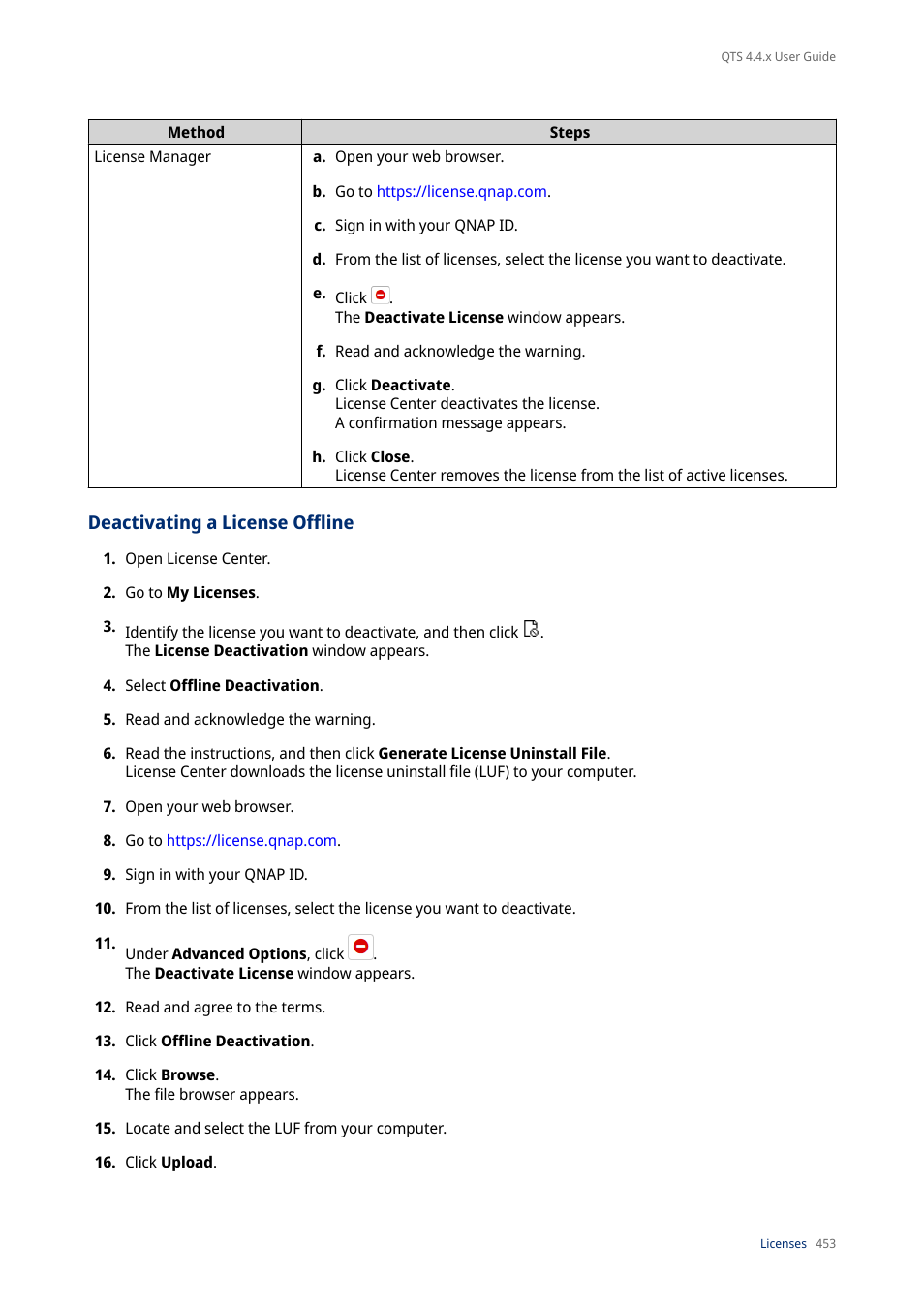 Deactivating a license offline, For details, see | QNAP TVS-472XT 4-Bay NAS Enclosure User Manual | Page 454 / 468