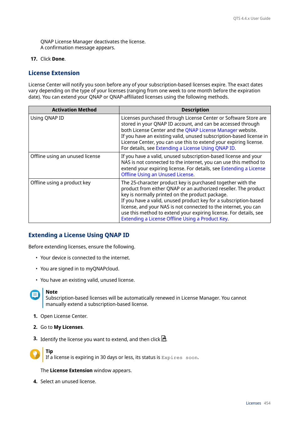 License extension, Extending a license using qnap id | QNAP TVS-472XT 4-Bay NAS Enclosure User Manual | Page 455 / 468