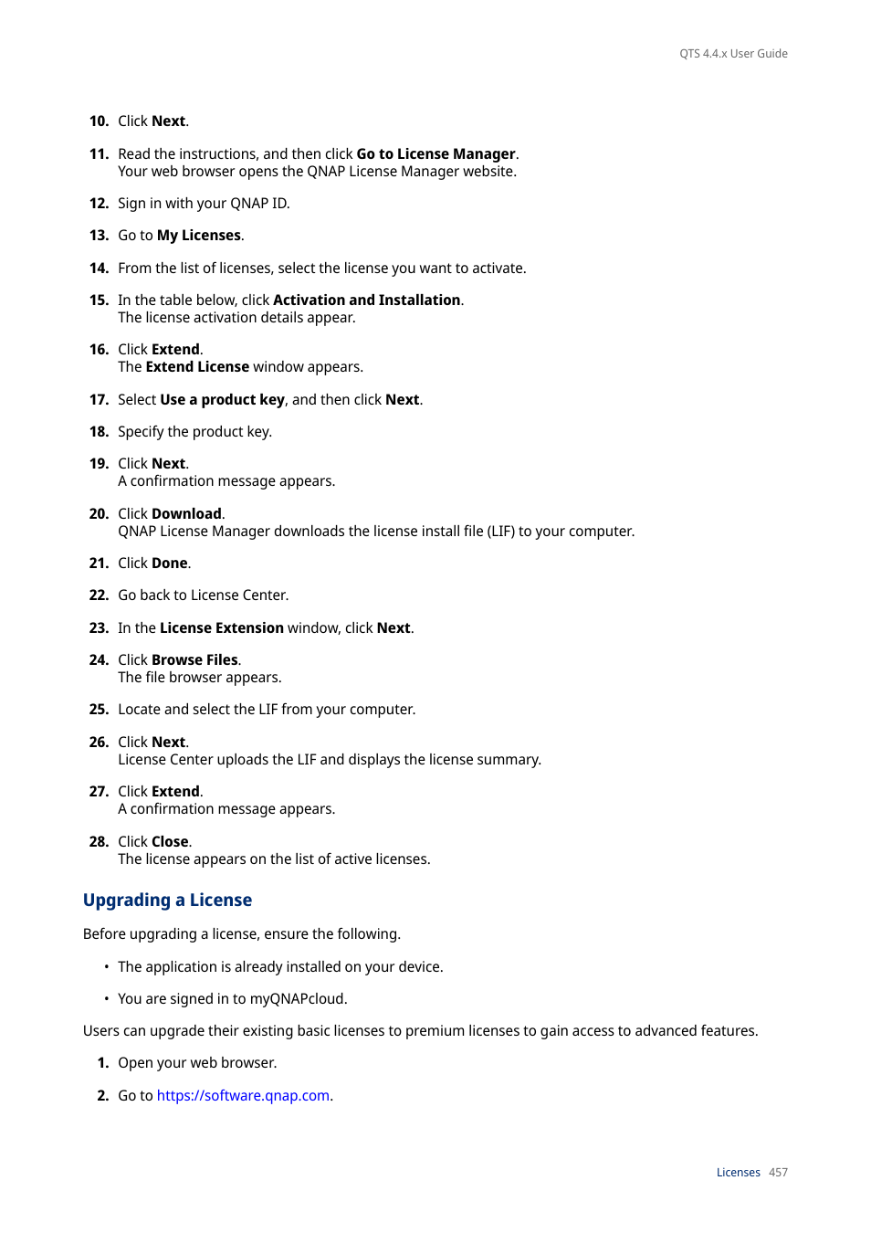 Upgrading a license | QNAP TVS-472XT 4-Bay NAS Enclosure User Manual | Page 458 / 468