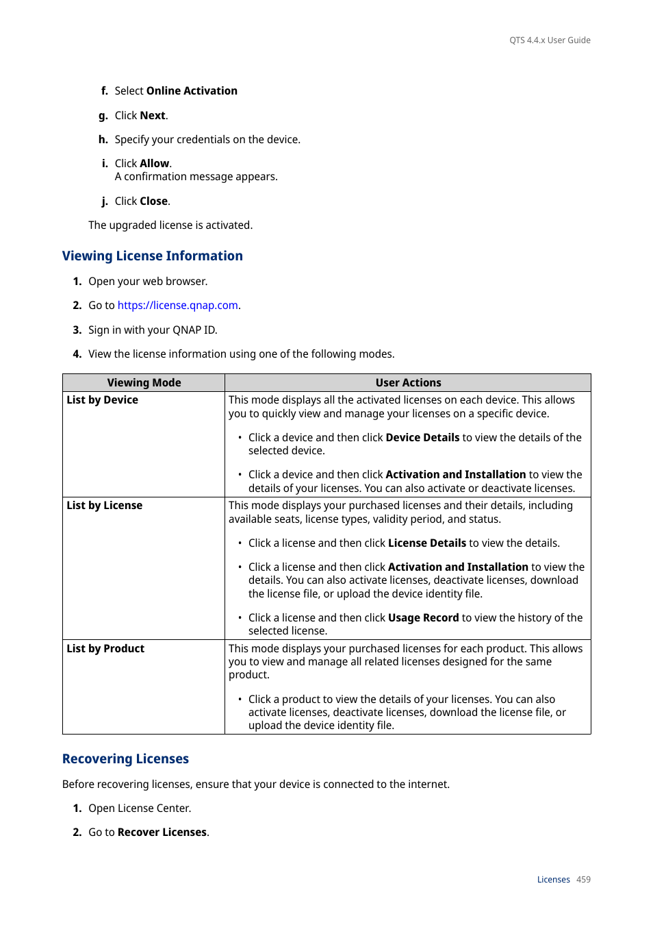 Viewing license information, Recovering licenses | QNAP TVS-472XT 4-Bay NAS Enclosure User Manual | Page 460 / 468