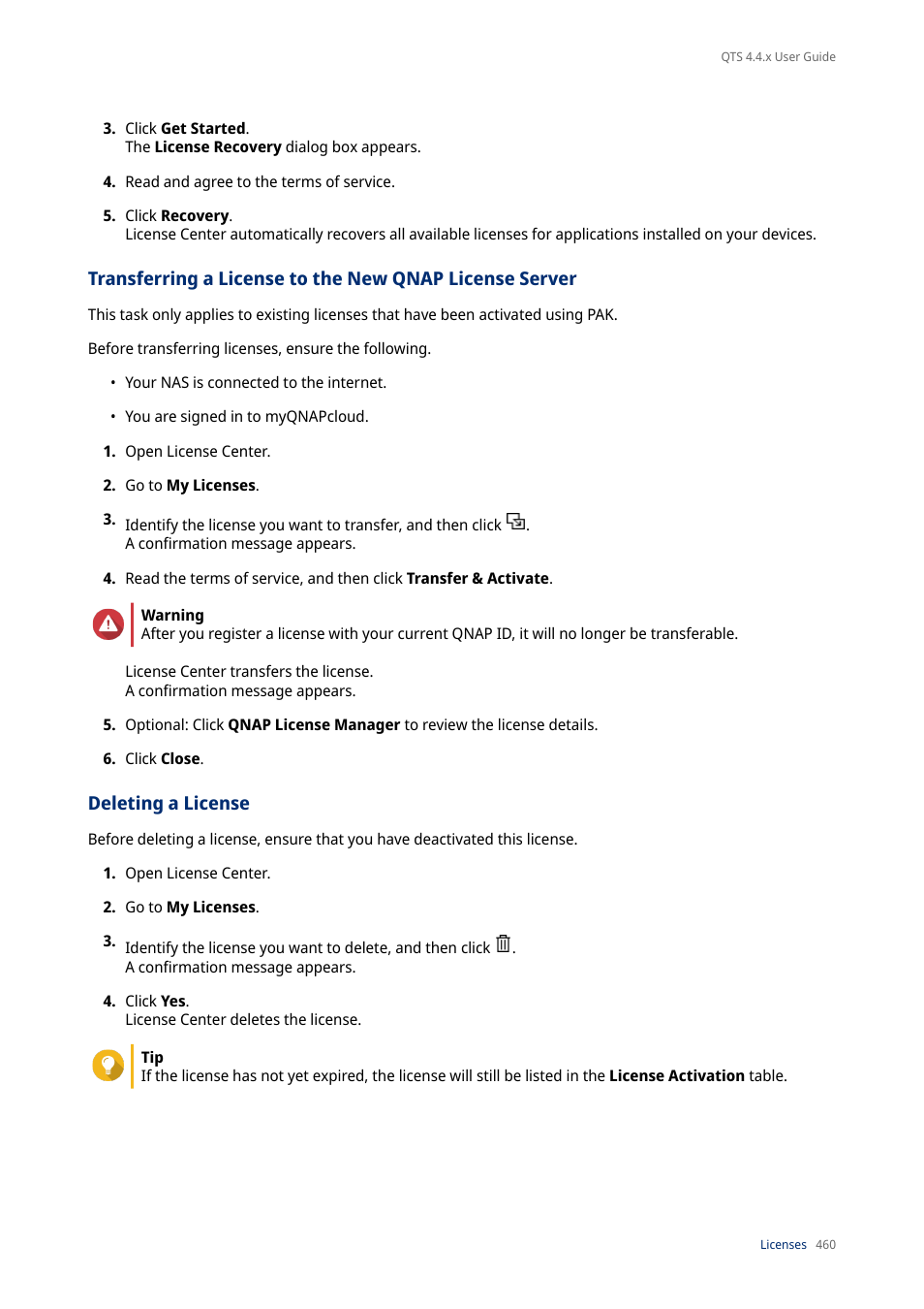 Deleting a license | QNAP TVS-472XT 4-Bay NAS Enclosure User Manual | Page 461 / 468