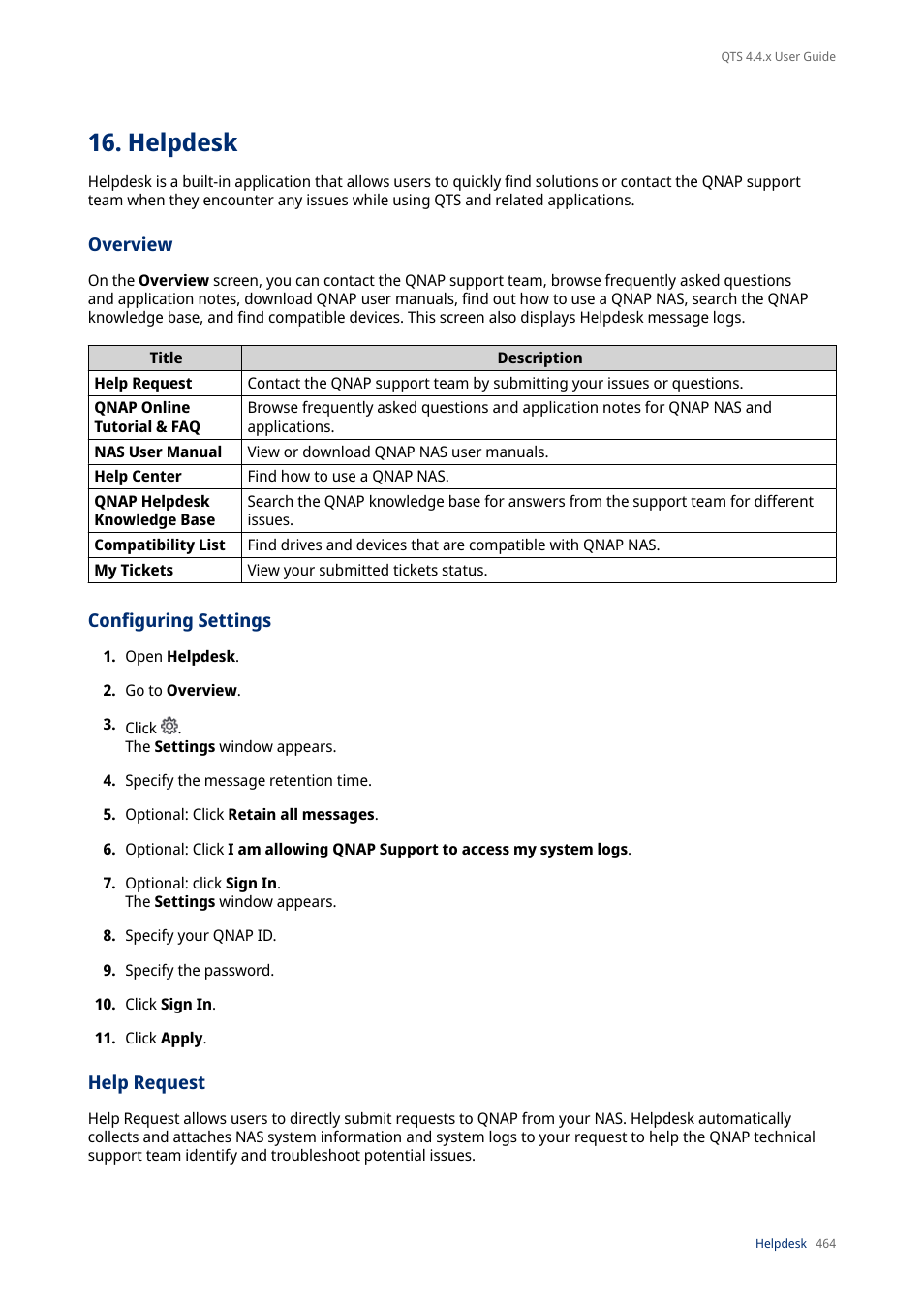 Helpdesk, Overview, Configuring settings | Help request | QNAP TVS-472XT 4-Bay NAS Enclosure User Manual | Page 465 / 468