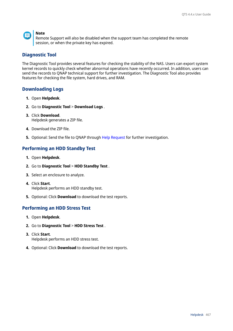Diagnostic tool, Downloading logs, Performing an hdd standby test | Performing an hdd stress test | QNAP TVS-472XT 4-Bay NAS Enclosure User Manual | Page 468 / 468