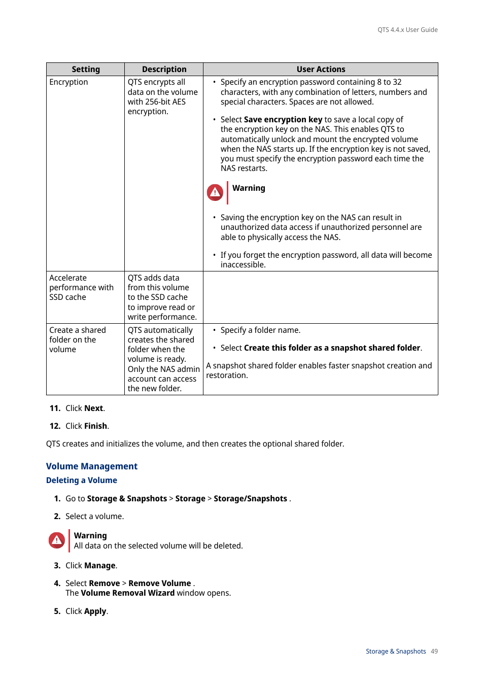 Volume management, Deleting a volume | QNAP TVS-472XT 4-Bay NAS Enclosure User Manual | Page 50 / 468