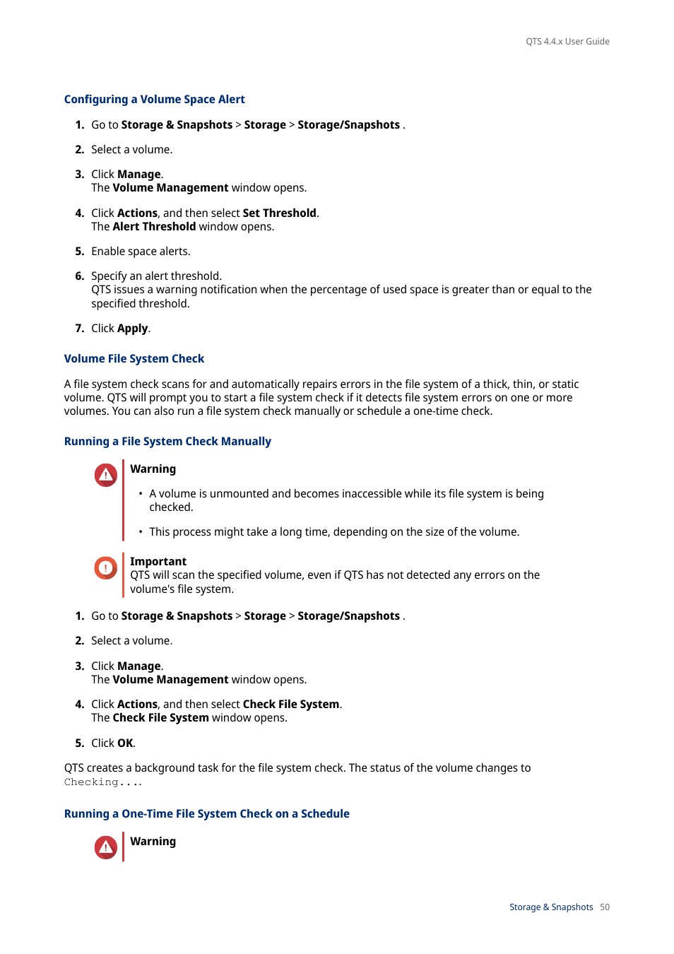Configuring a volume space alert, Volume file system check, Running a file system check manually | Running a one-time file system check on a schedule | QNAP TVS-472XT 4-Bay NAS Enclosure User Manual | Page 51 / 468