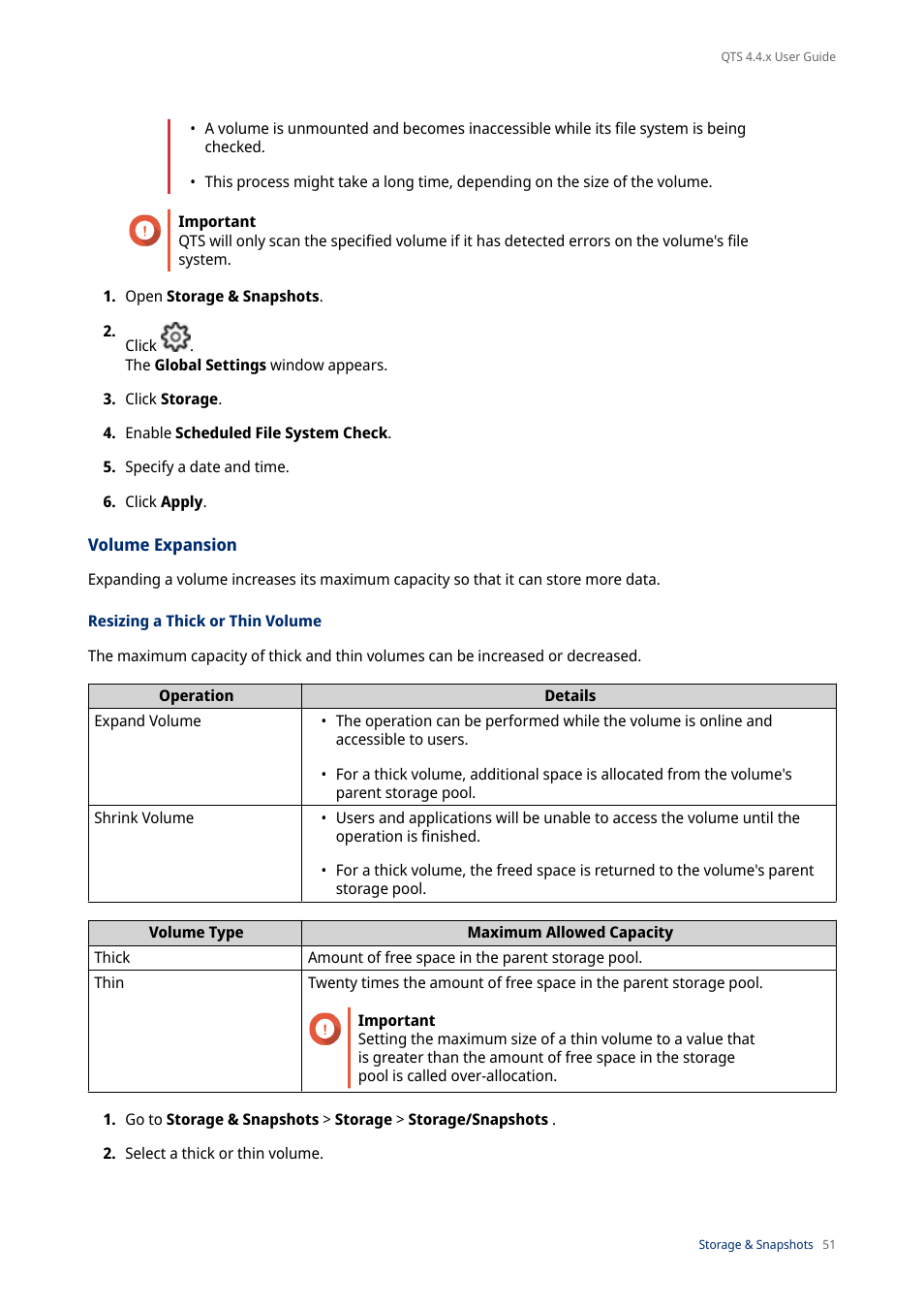 Volume expansion, Resizing a thick or thin volume | QNAP TVS-472XT 4-Bay NAS Enclosure User Manual | Page 52 / 468