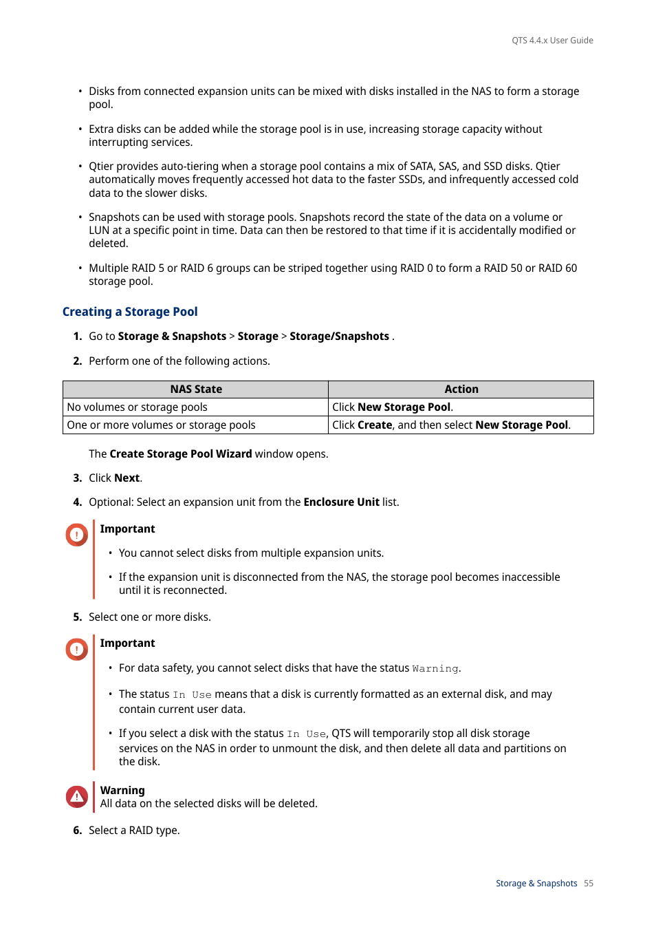 Creating a storage pool | QNAP TVS-472XT 4-Bay NAS Enclosure User Manual | Page 56 / 468