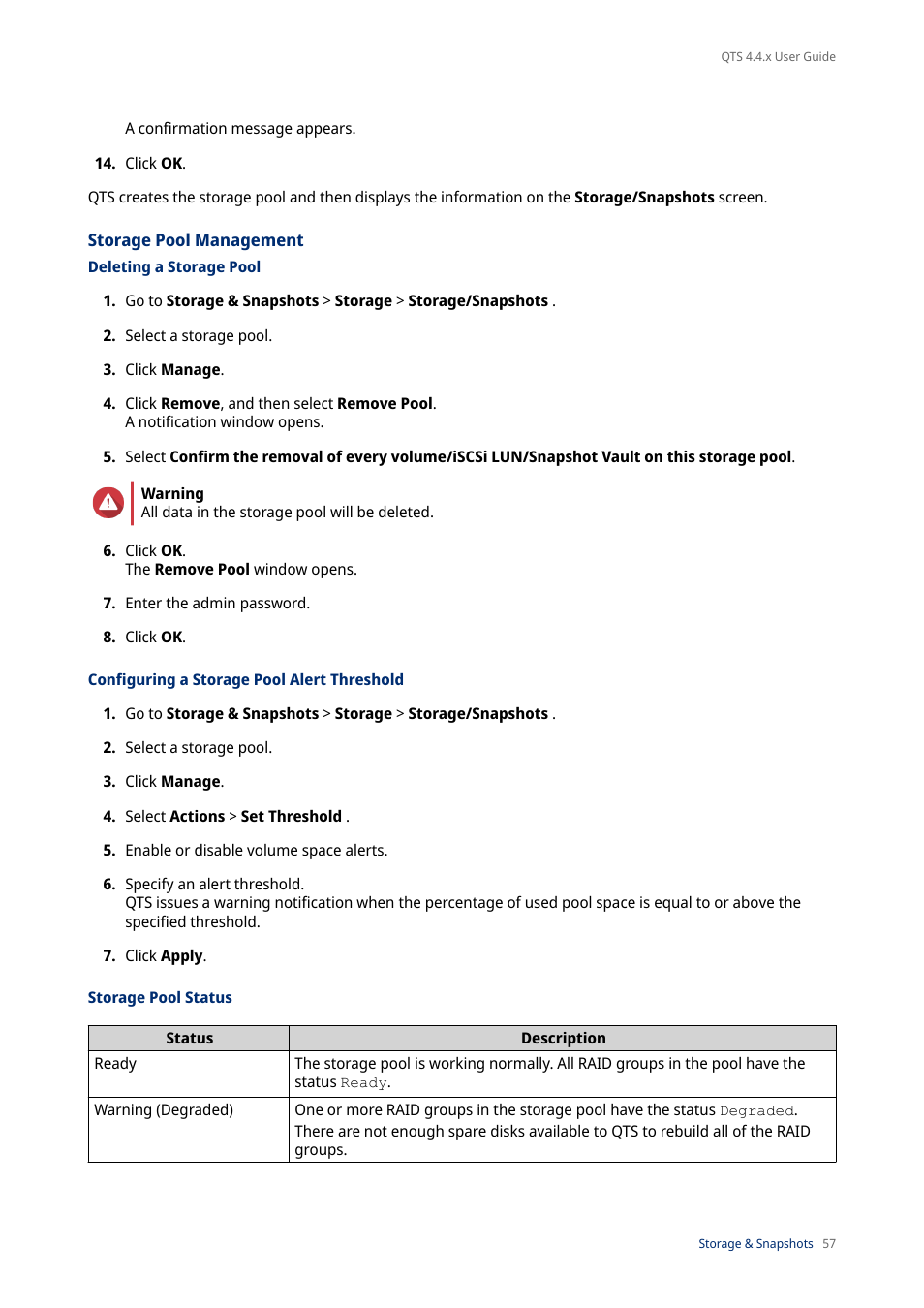 Storage pool management, Deleting a storage pool, Configuring a storage pool alert threshold | Storage pool status | QNAP TVS-472XT 4-Bay NAS Enclosure User Manual | Page 58 / 468