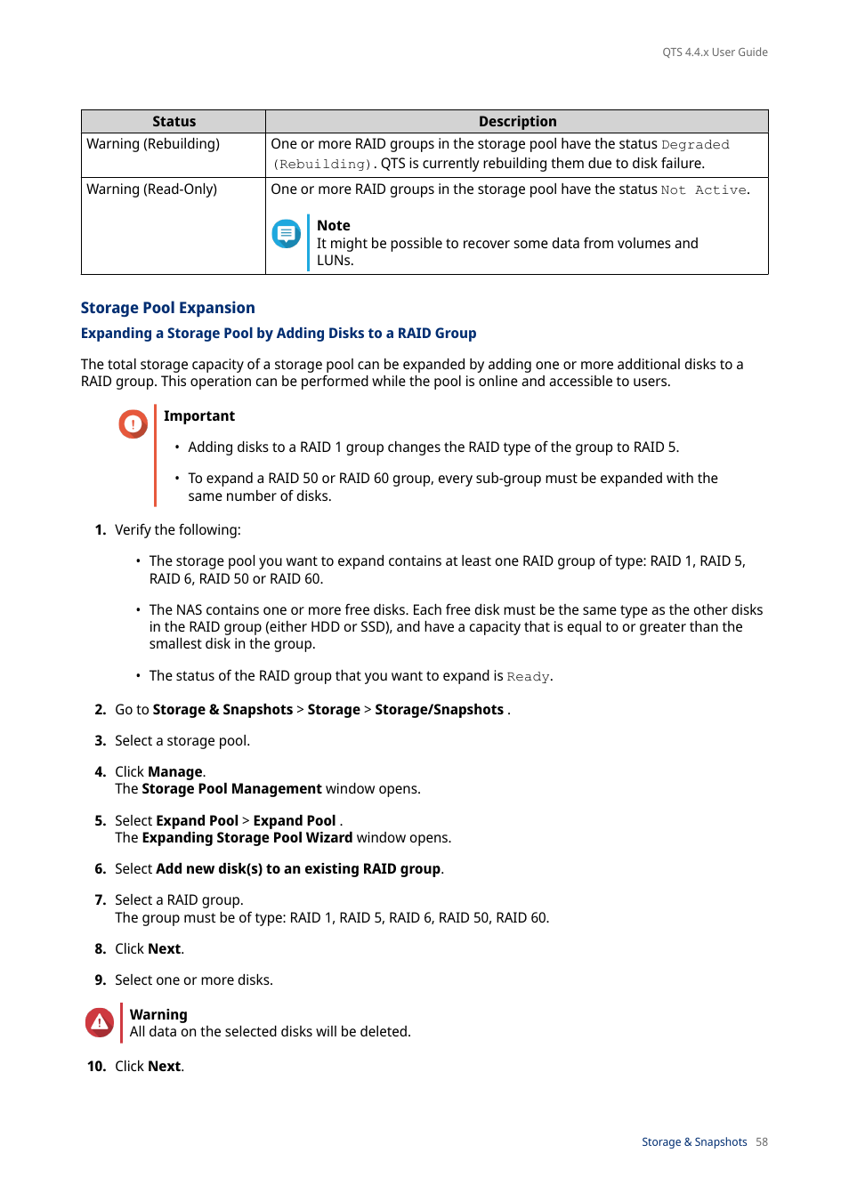 Storage pool expansion | QNAP TVS-472XT 4-Bay NAS Enclosure User Manual | Page 59 / 468