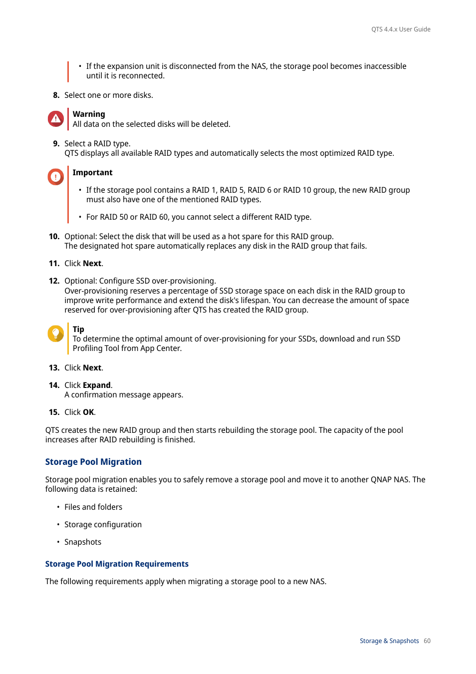 Storage pool migration, Storage pool migration requirements | QNAP TVS-472XT 4-Bay NAS Enclosure User Manual | Page 61 / 468