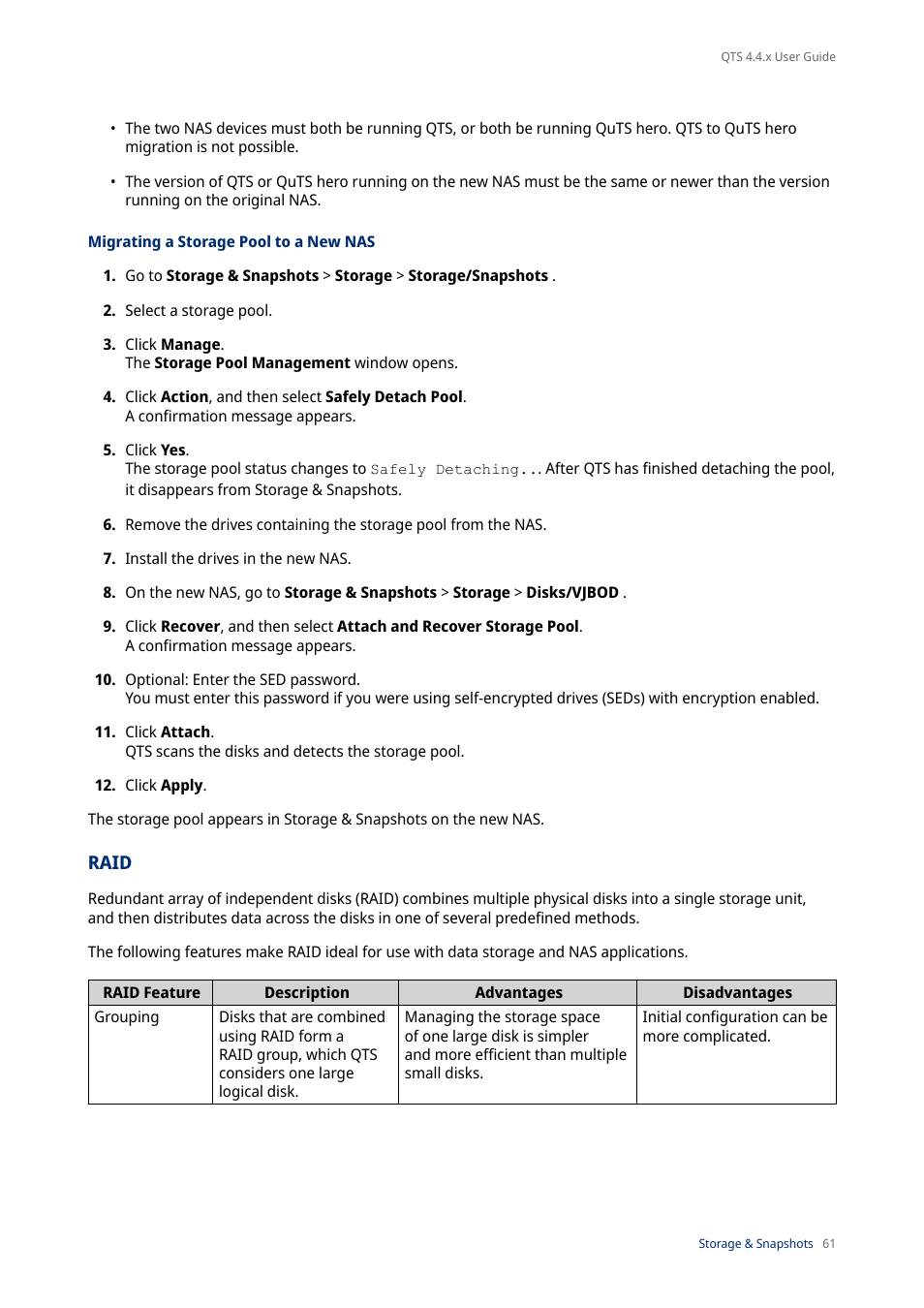 Migrating a storage pool to a new nas, Raid | QNAP TVS-472XT 4-Bay NAS Enclosure User Manual | Page 62 / 468