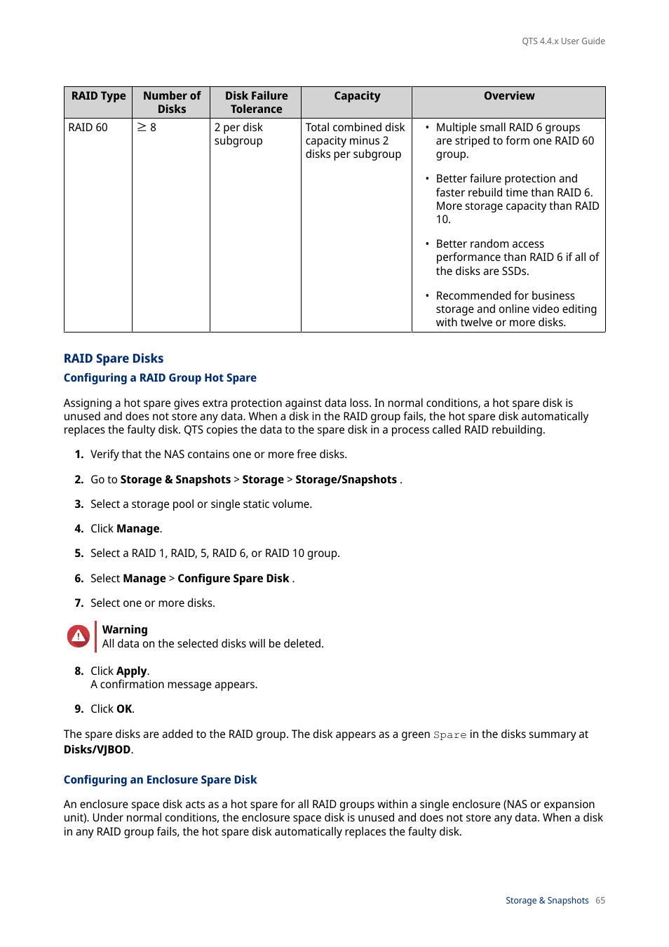 Raid spare disks, Configuring a raid group hot spare, Configuring an enclosure spare disk | QNAP TVS-472XT 4-Bay NAS Enclosure User Manual | Page 66 / 468