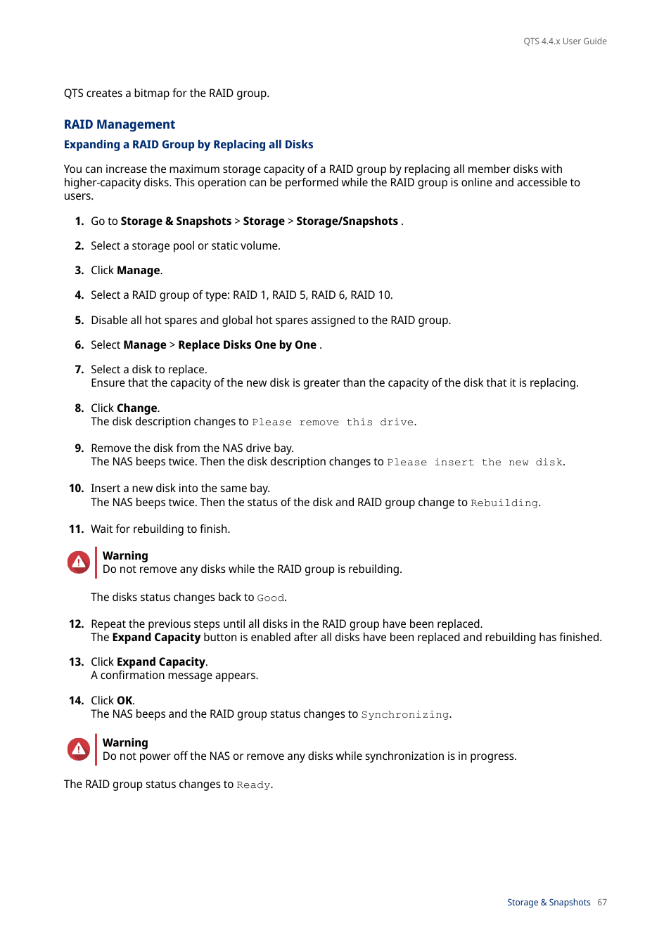 Raid management, Expanding a raid group by replacing all disks | QNAP TVS-472XT 4-Bay NAS Enclosure User Manual | Page 68 / 468