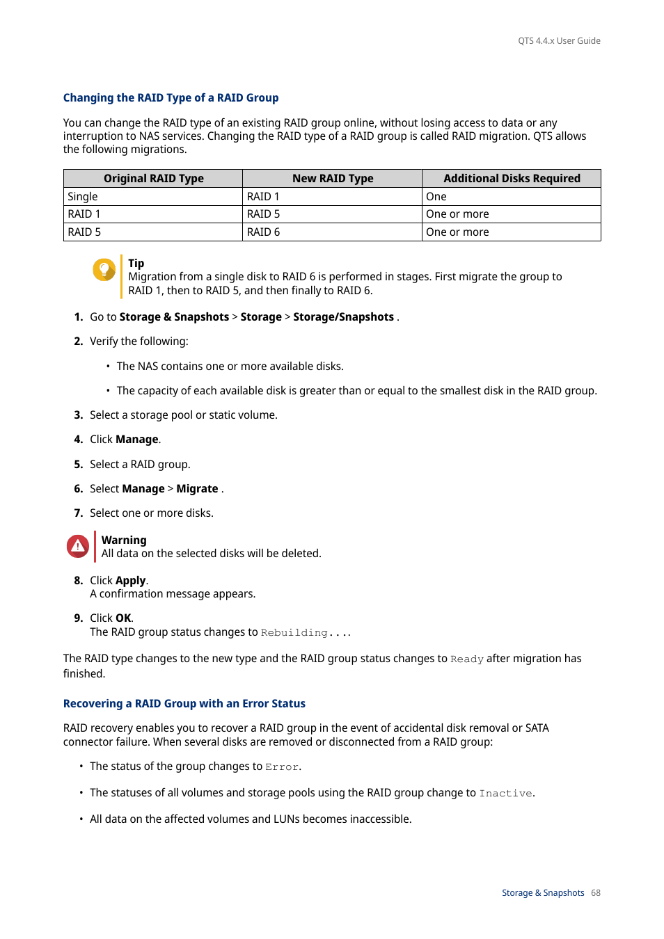 Changing the raid type of a raid group, Recovering a raid group with an error status | QNAP TVS-472XT 4-Bay NAS Enclosure User Manual | Page 69 / 468