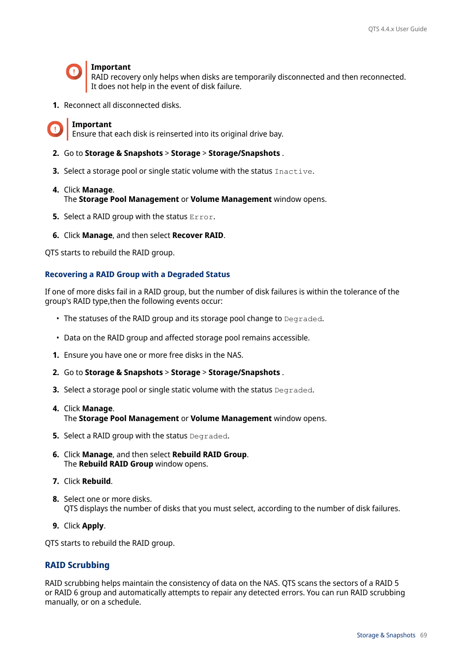 Recovering a raid group with a degraded status, Raid scrubbing | QNAP TVS-472XT 4-Bay NAS Enclosure User Manual | Page 70 / 468