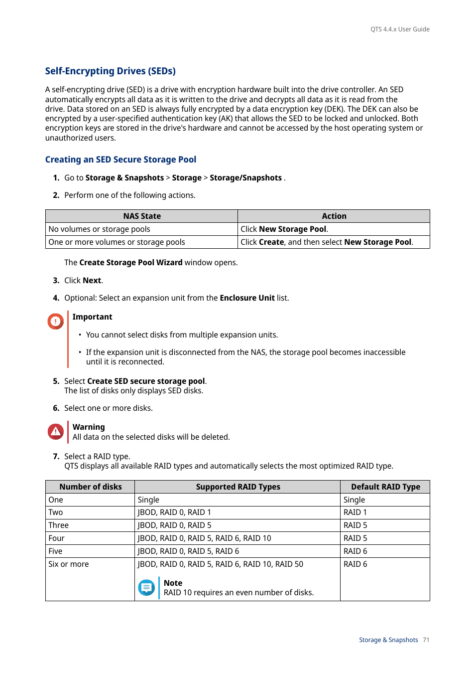 Self-encrypting drives (seds), Creating an sed secure storage pool | QNAP TVS-472XT 4-Bay NAS Enclosure User Manual | Page 72 / 468