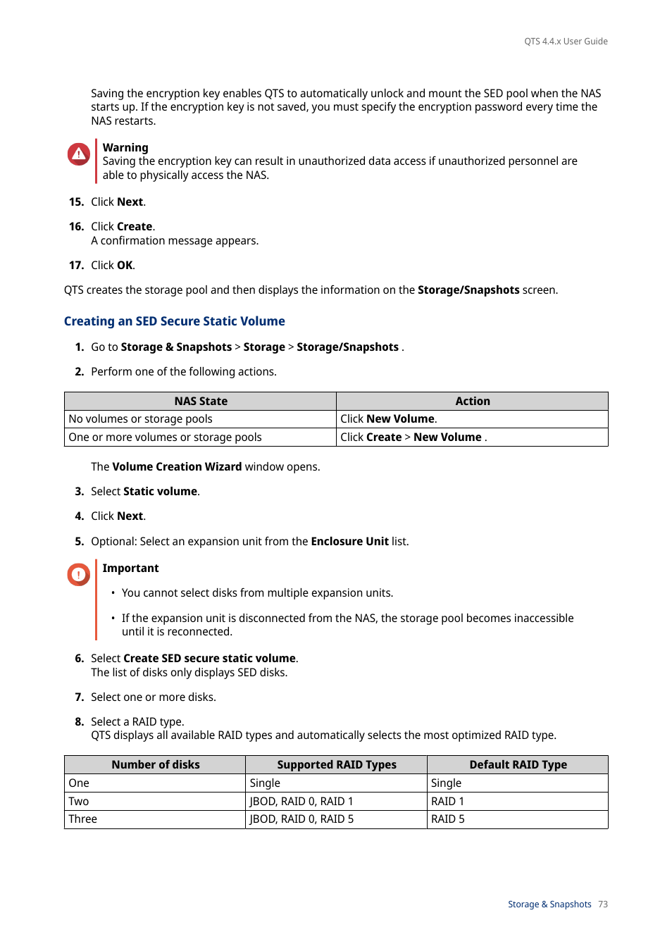 Creating an sed secure static volume | QNAP TVS-472XT 4-Bay NAS Enclosure User Manual | Page 74 / 468