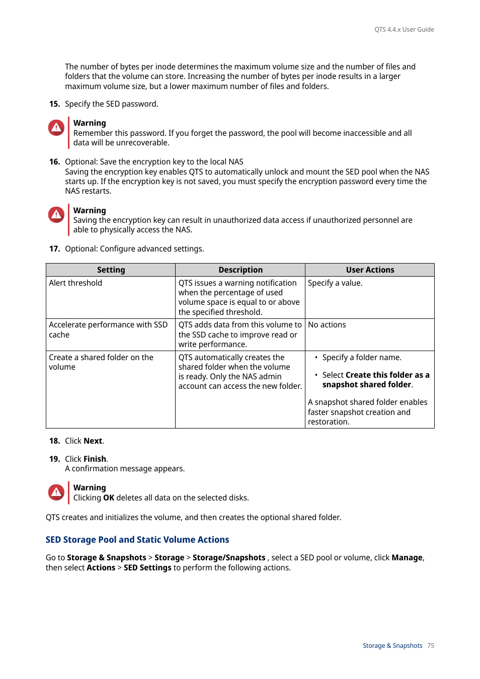 Sed storage pool and static volume actions | QNAP TVS-472XT 4-Bay NAS Enclosure User Manual | Page 76 / 468