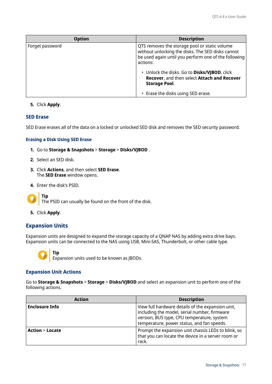 Sed erase, Erasing a disk using sed erase, Expansion units | Expansion unit actions | QNAP TVS-472XT 4-Bay NAS Enclosure User Manual | Page 78 / 468