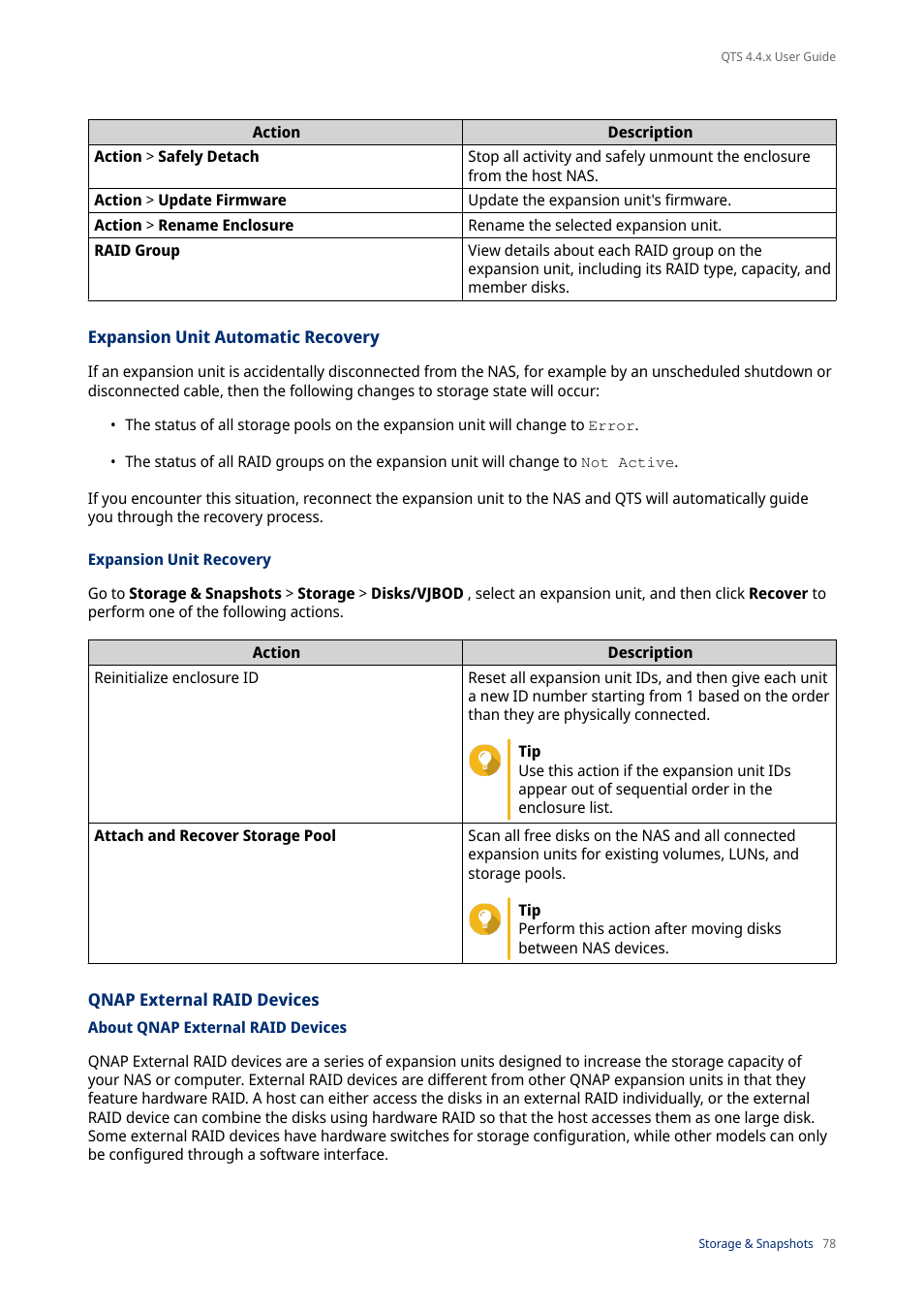 Expansion unit automatic recovery, Expansion unit recovery, Qnap external raid devices | About qnap external raid devices | QNAP TVS-472XT 4-Bay NAS Enclosure User Manual | Page 79 / 468