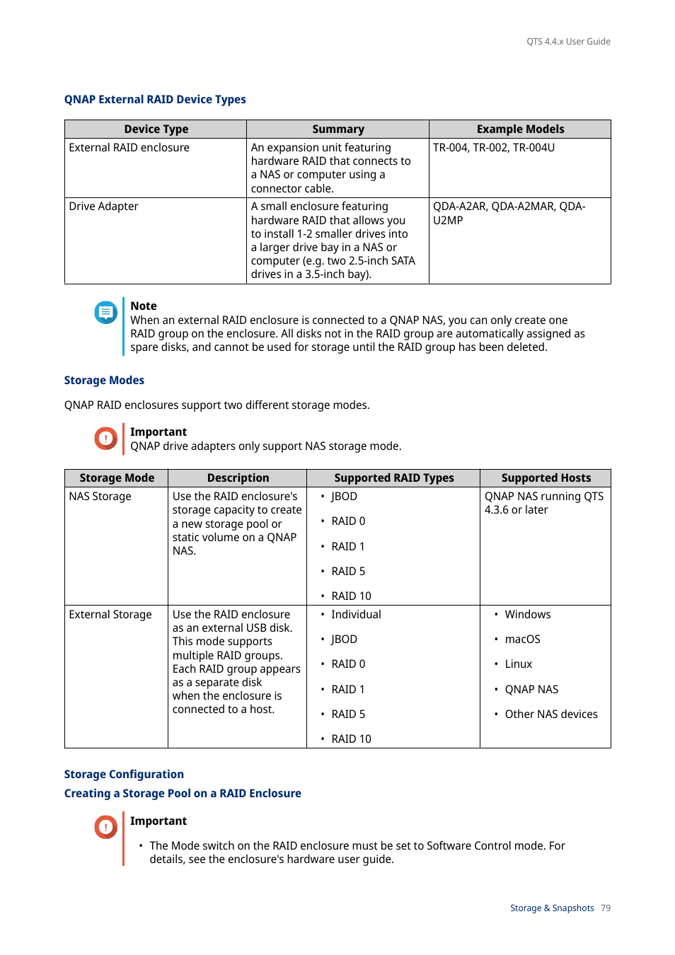 Qnap external raid device types, Storage modes, Storage configuration | Creating a storage pool on a raid enclosure | QNAP TVS-472XT 4-Bay NAS Enclosure User Manual | Page 80 / 468