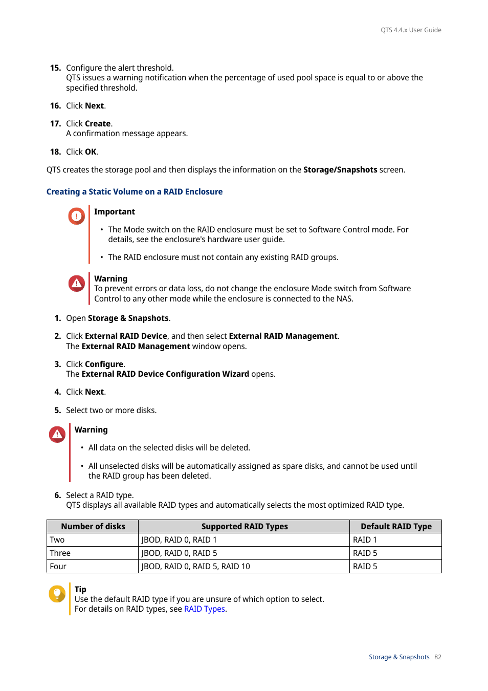 Creating a static volume on a raid enclosure | QNAP TVS-472XT 4-Bay NAS Enclosure User Manual | Page 83 / 468