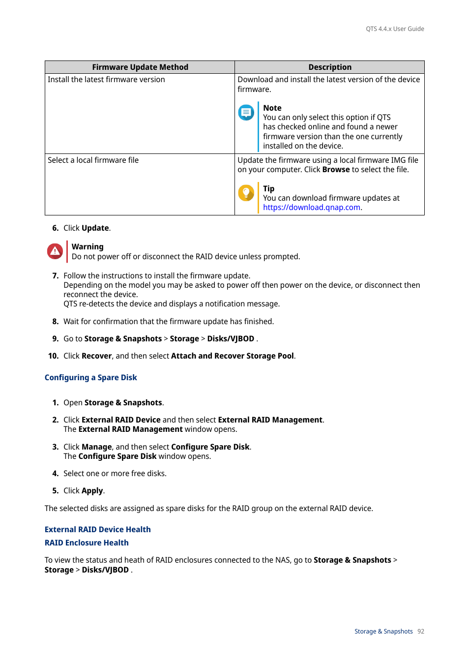 Configuring a spare disk, External raid device health, Raid enclosure health | QNAP TVS-472XT 4-Bay NAS Enclosure User Manual | Page 93 / 468