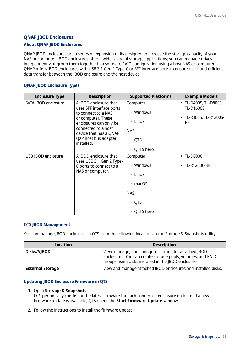 Qnap jbod enclosures, About qnap jbod enclosures, Qnap jbod enclosure types | Qts jbod management, Updating jbod enclosure firmware in qts | QNAP TVS-472XT 4-Bay NAS Enclosure User Manual | Page 96 / 468