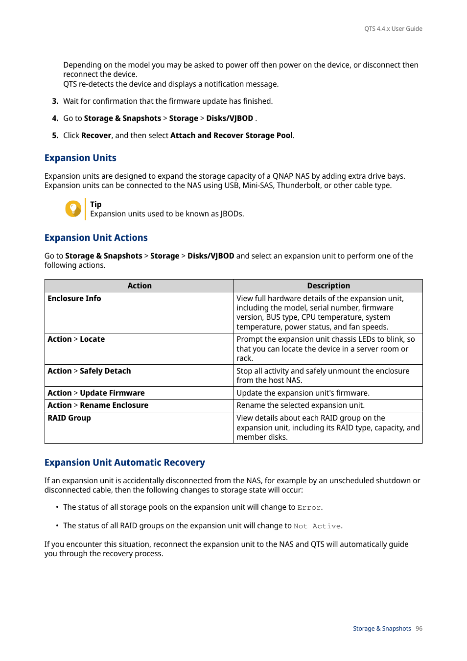 Expansion units, Expansion unit actions, Expansion unit automatic recovery | QNAP TVS-472XT 4-Bay NAS Enclosure User Manual | Page 97 / 468