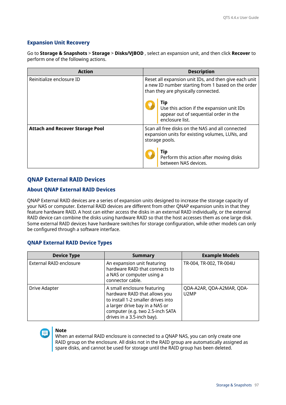 Expansion unit recovery, Qnap external raid devices, About qnap external raid devices | Qnap external raid device types | QNAP TVS-472XT 4-Bay NAS Enclosure User Manual | Page 98 / 468