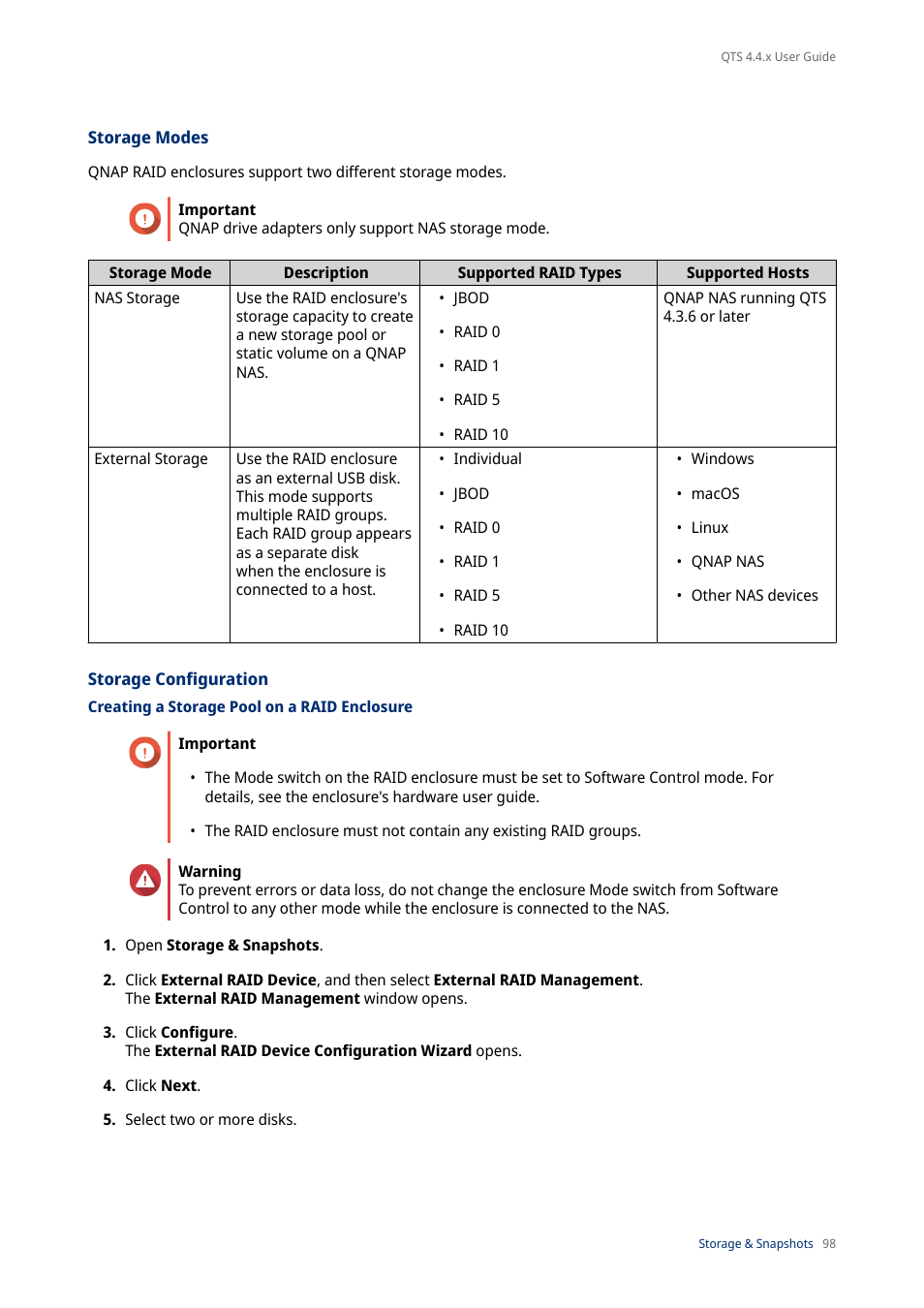 Storage modes, Storage configuration, Creating a storage pool on a raid enclosure | QNAP TVS-472XT 4-Bay NAS Enclosure User Manual | Page 99 / 468