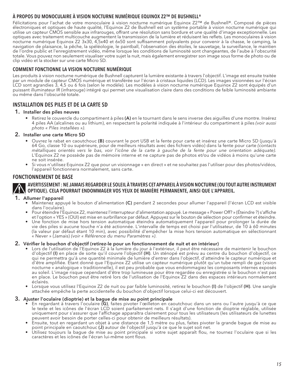 Bushnell 4.5x40 Equinox Z2 Digital Night Vision Monocular User Manual | Page 15 / 60