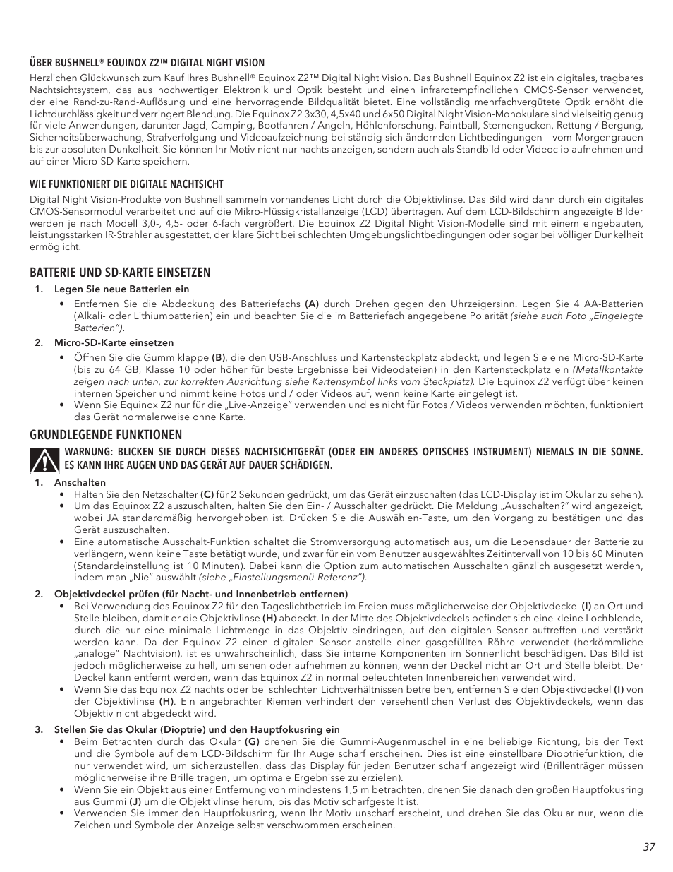 Batterie und sd-karte einsetzen, Grundlegende funktionen | Bushnell 4.5x40 Equinox Z2 Digital Night Vision Monocular User Manual | Page 37 / 60