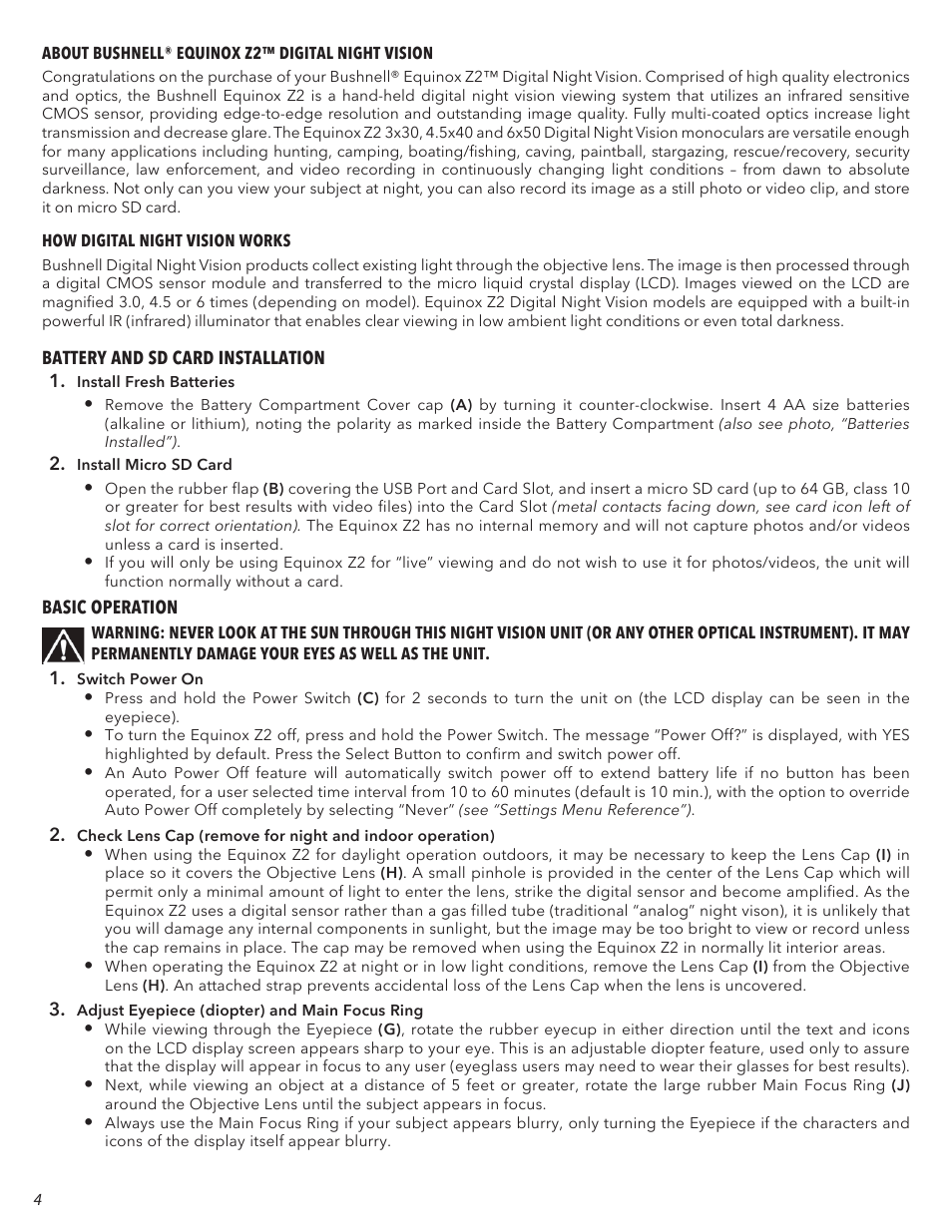 Bushnell 4.5x40 Equinox Z2 Digital Night Vision Monocular User Manual | Page 4 / 60