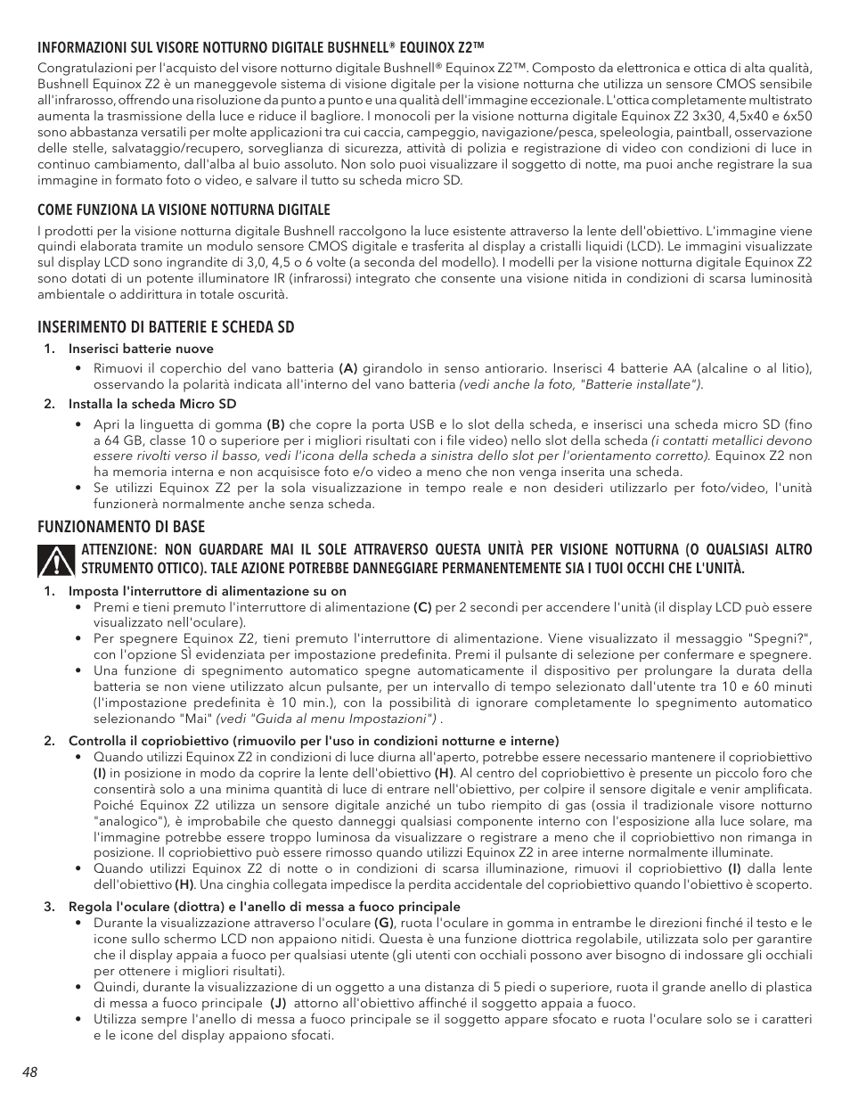 Inserimento di batterie e scheda sd, Funzionamento di base | Bushnell 4.5x40 Equinox Z2 Digital Night Vision Monocular User Manual | Page 48 / 60