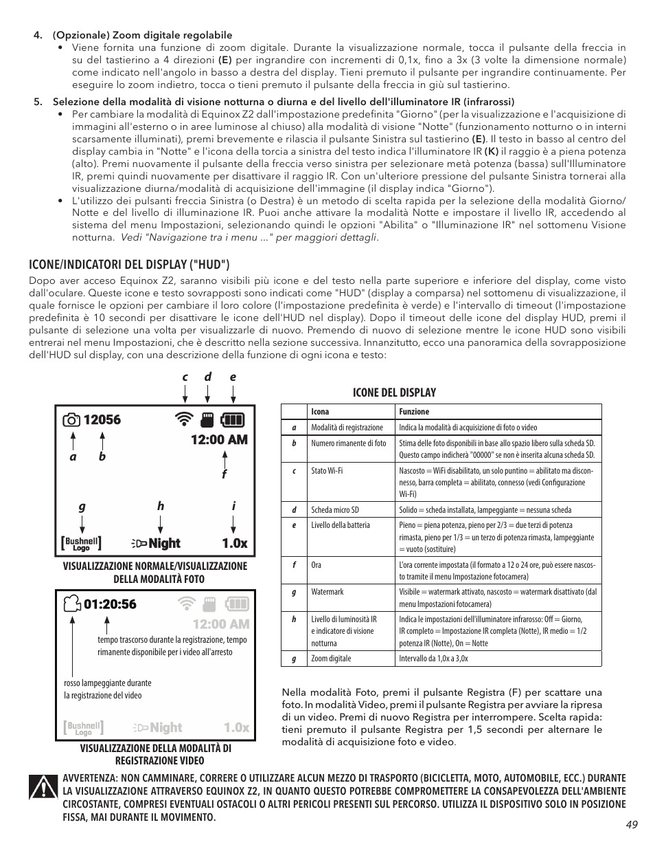 Icone/indicatori del display ("hud") | Bushnell 4.5x40 Equinox Z2 Digital Night Vision Monocular User Manual | Page 49 / 60