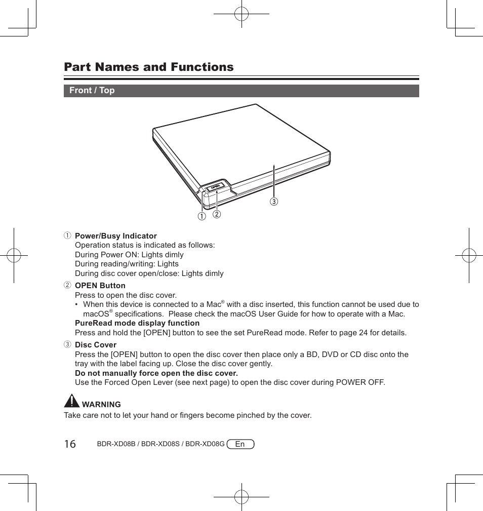 Part names and functions | Pioneer BDR-XD08S Portable USB 3.2 Gen 1 Clamshell Optical Drive (Snow White Silver) User Manual | Page 16 / 68