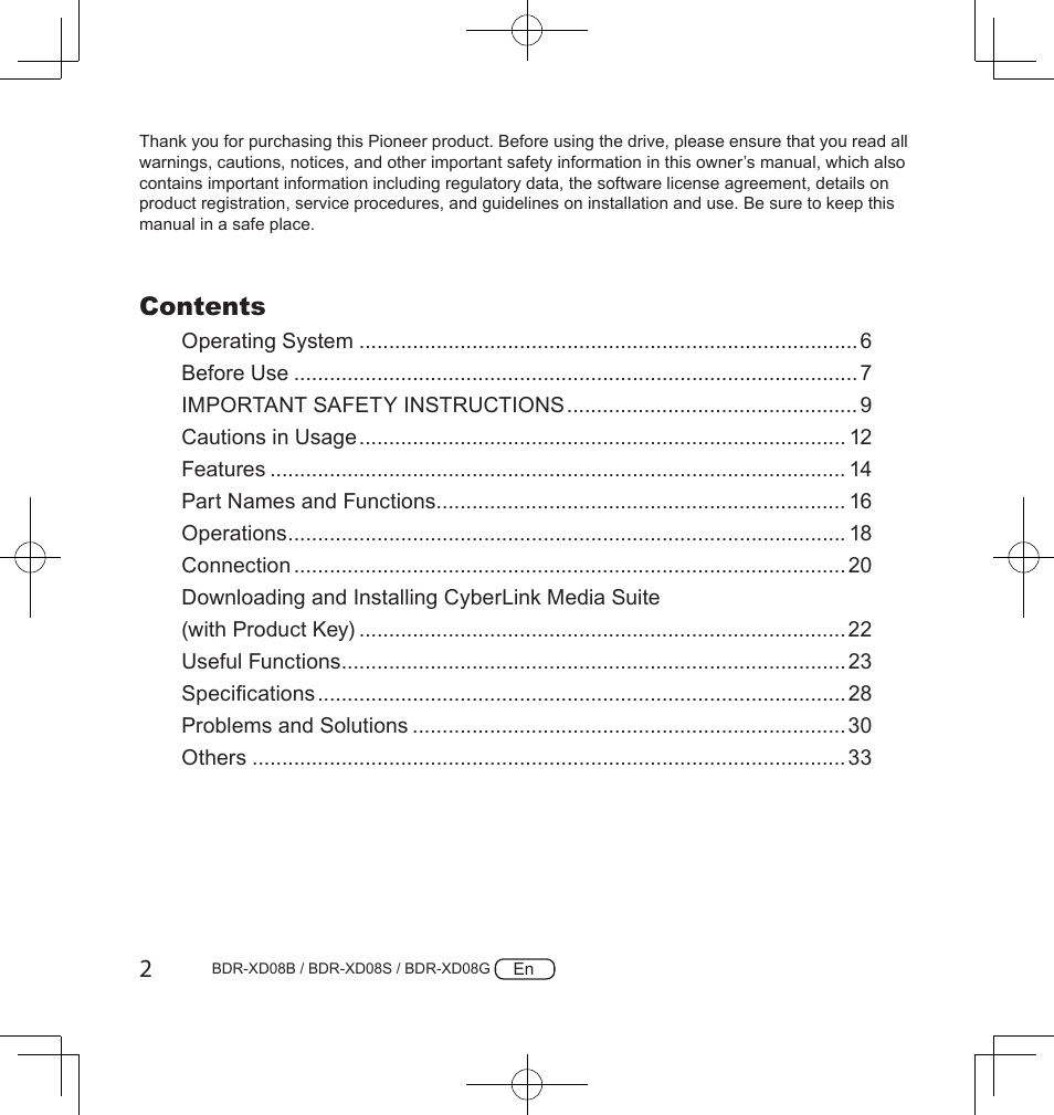 Pioneer BDR-XD08S Portable USB 3.2 Gen 1 Clamshell Optical Drive (Snow White Silver) User Manual | Page 2 / 68