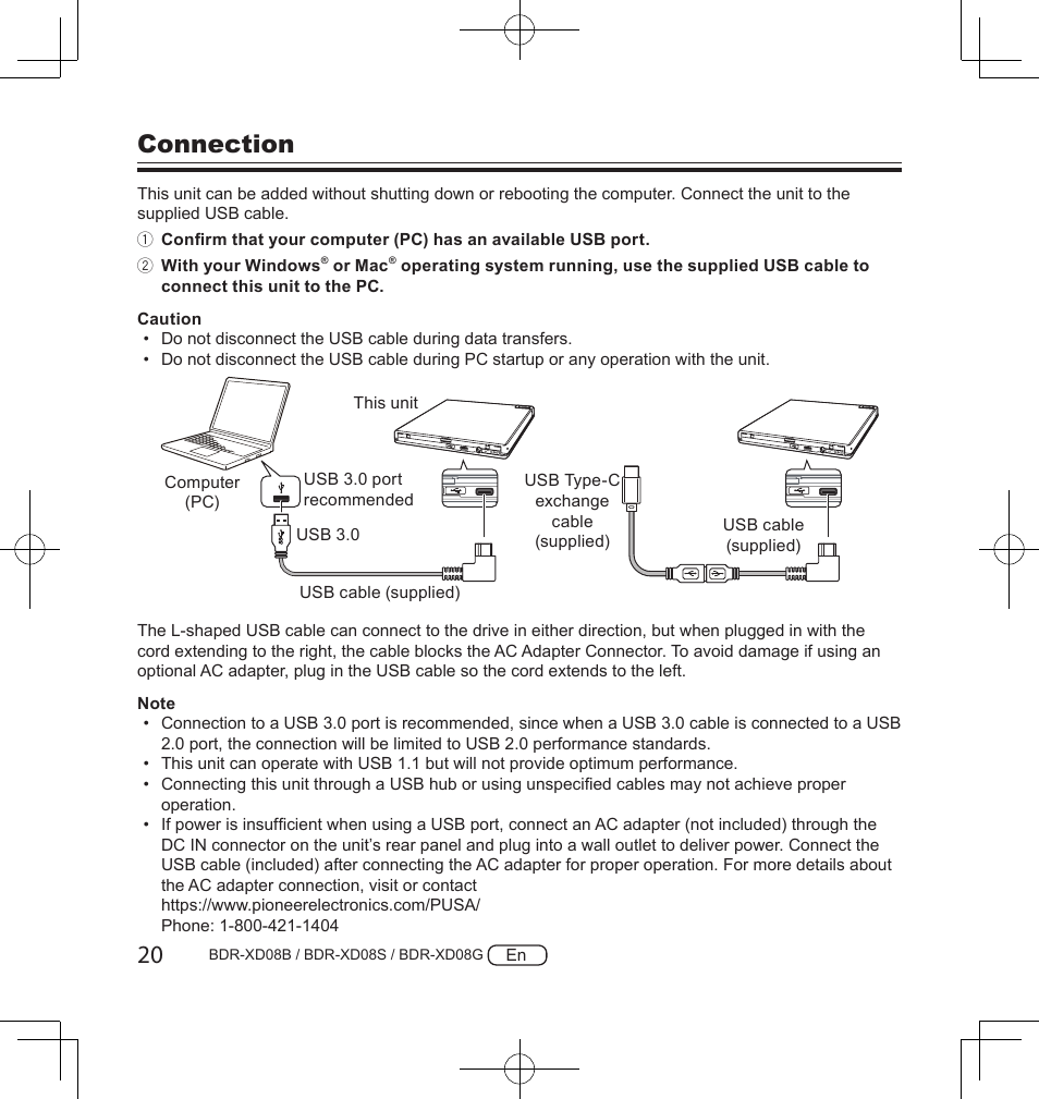 Connection | Pioneer BDR-XD08S Portable USB 3.2 Gen 1 Clamshell Optical Drive (Snow White Silver) User Manual | Page 20 / 68