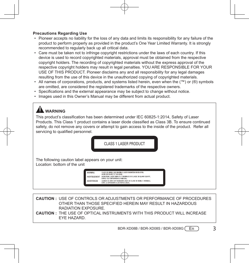 Pioneer BDR-XD08S Portable USB 3.2 Gen 1 Clamshell Optical Drive (Snow White Silver) User Manual | Page 3 / 68