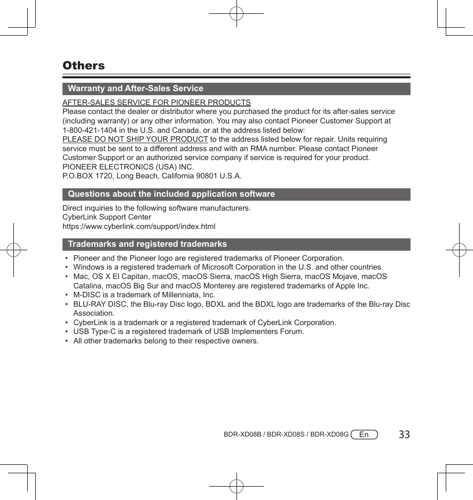 Others | Pioneer BDR-XD08S Portable USB 3.2 Gen 1 Clamshell Optical Drive (Snow White Silver) User Manual | Page 33 / 68