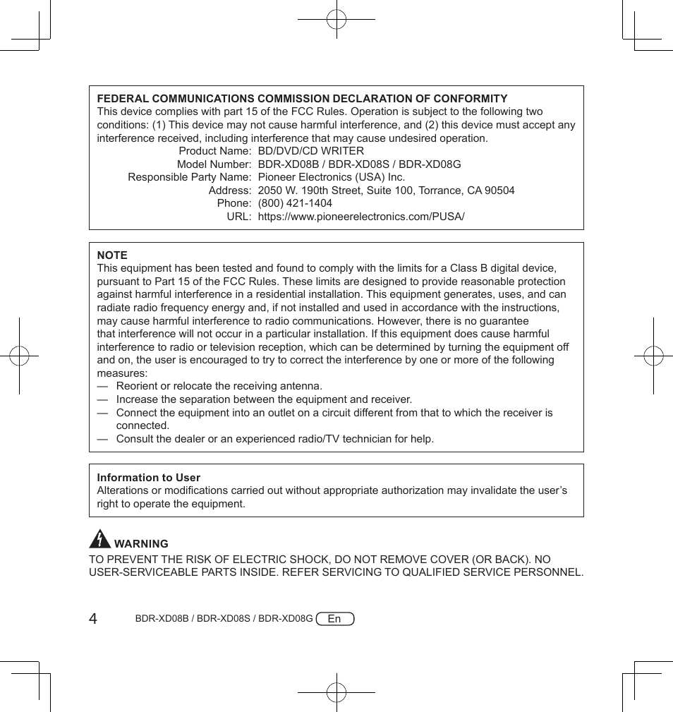 Pioneer BDR-XD08S Portable USB 3.2 Gen 1 Clamshell Optical Drive (Snow White Silver) User Manual | Page 4 / 68