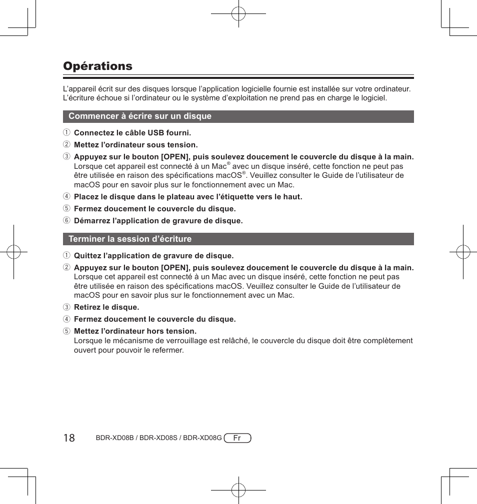 Opérations | Pioneer BDR-XD08S Portable USB 3.2 Gen 1 Clamshell Optical Drive (Snow White Silver) User Manual | Page 50 / 68