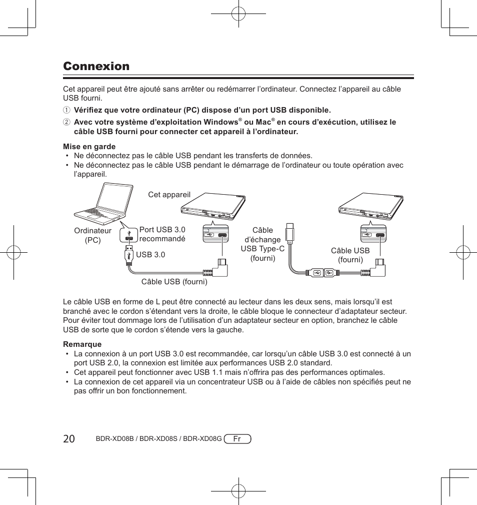 Connexion | Pioneer BDR-XD08S Portable USB 3.2 Gen 1 Clamshell Optical Drive (Snow White Silver) User Manual | Page 52 / 68