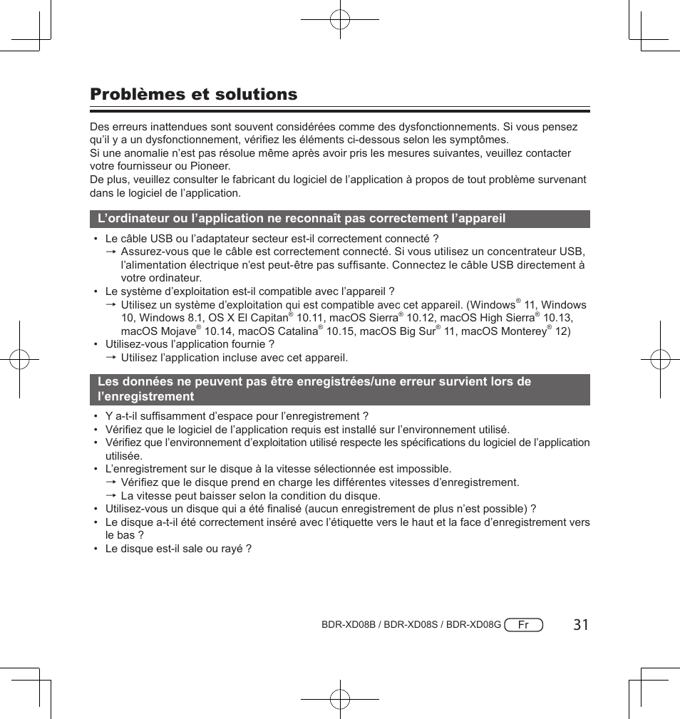 Problèmes et solutions | Pioneer BDR-XD08S Portable USB 3.2 Gen 1 Clamshell Optical Drive (Snow White Silver) User Manual | Page 63 / 68