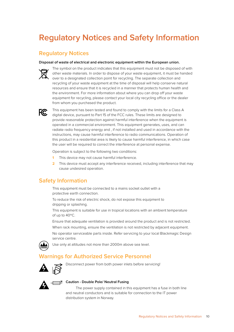Regulatory notices and safety information, Regulatory notices, Safety information | Warnings for authorized service personnel | Blackmagic Design Ultimatte SmRemote 4 User Manual | Page 10 / 111