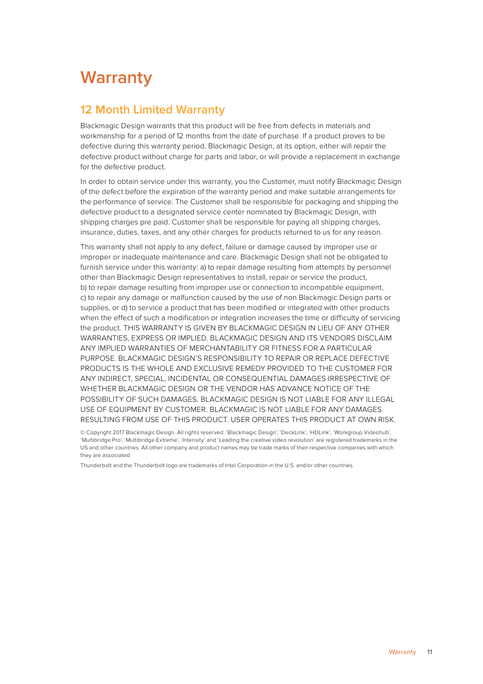 Warranty, 12 month limited warranty | Blackmagic Design Ultimatte SmRemote 4 User Manual | Page 11 / 111