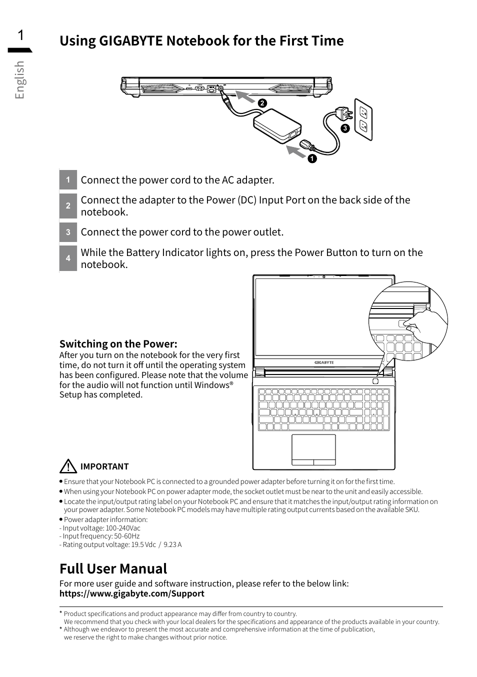 English, Connect the power cord to the ac adapter, Connect the power cord to the power outlet | GIGABYTE 15.6" G5 Notebook (Black) User Manual | Page 2 / 93